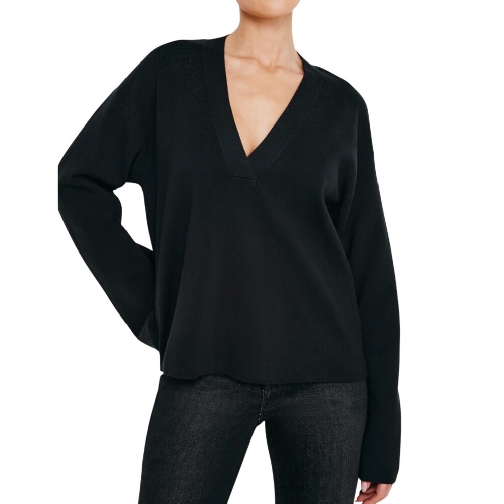 GOOD AMERICAN Black Boxy Fit COTTON BLEND SWEATER V-Neck Minimalist Top SIZE S